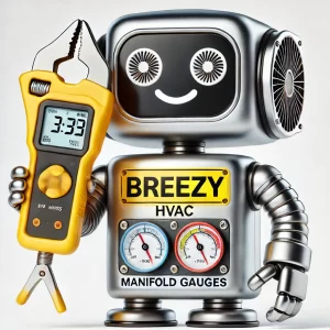 Breezy HVAC robot mascot with manifold gauges and clamp meter.